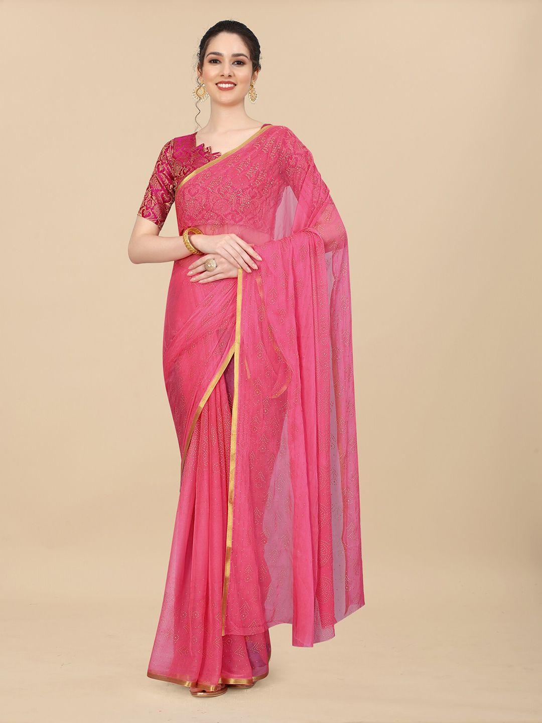 rhey pink & gold-toned ethnic motifs zari poly chiffon banarasi saree