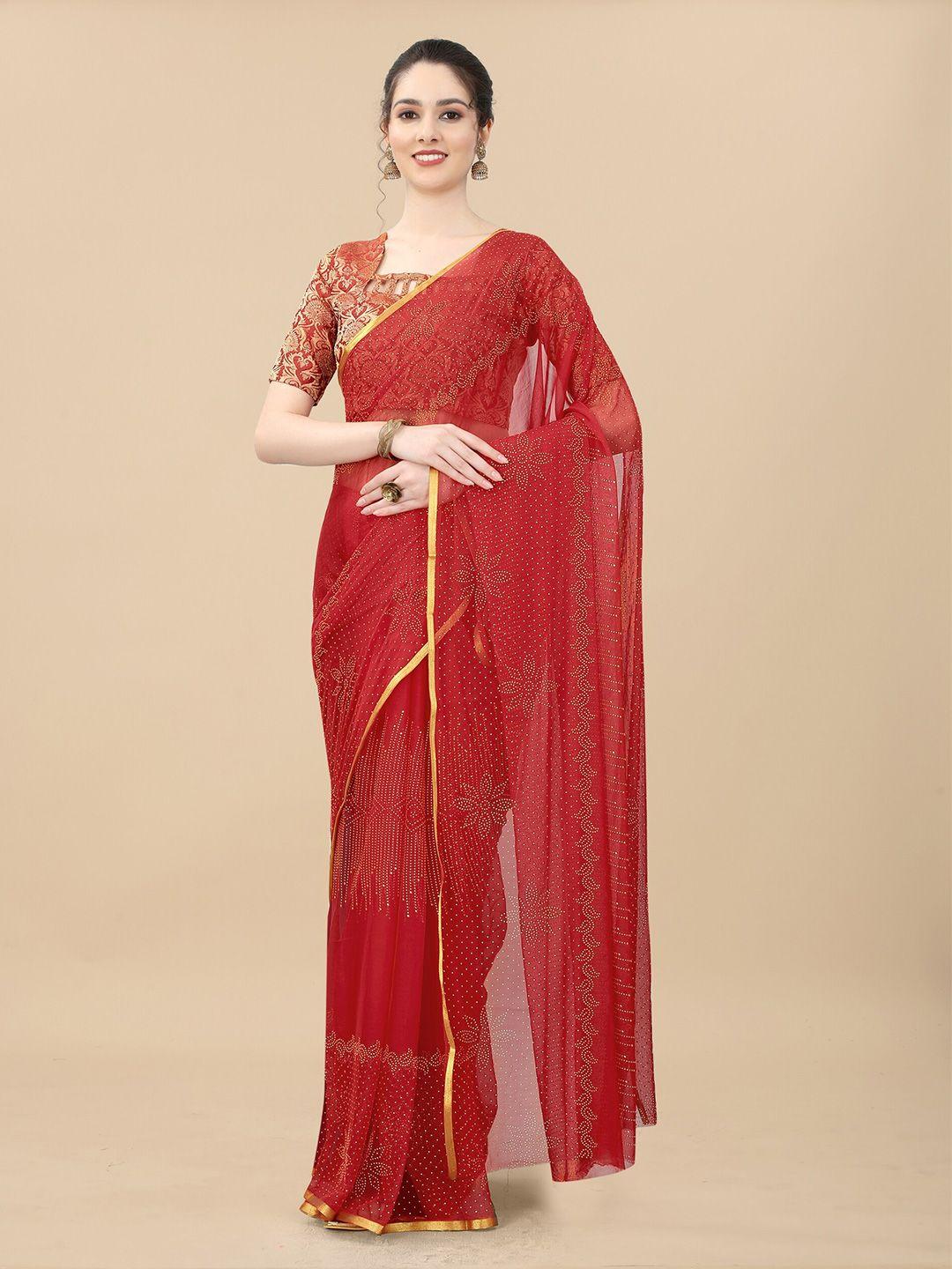 rhey red & gold-toned floral zari poly chiffon banarasi saree