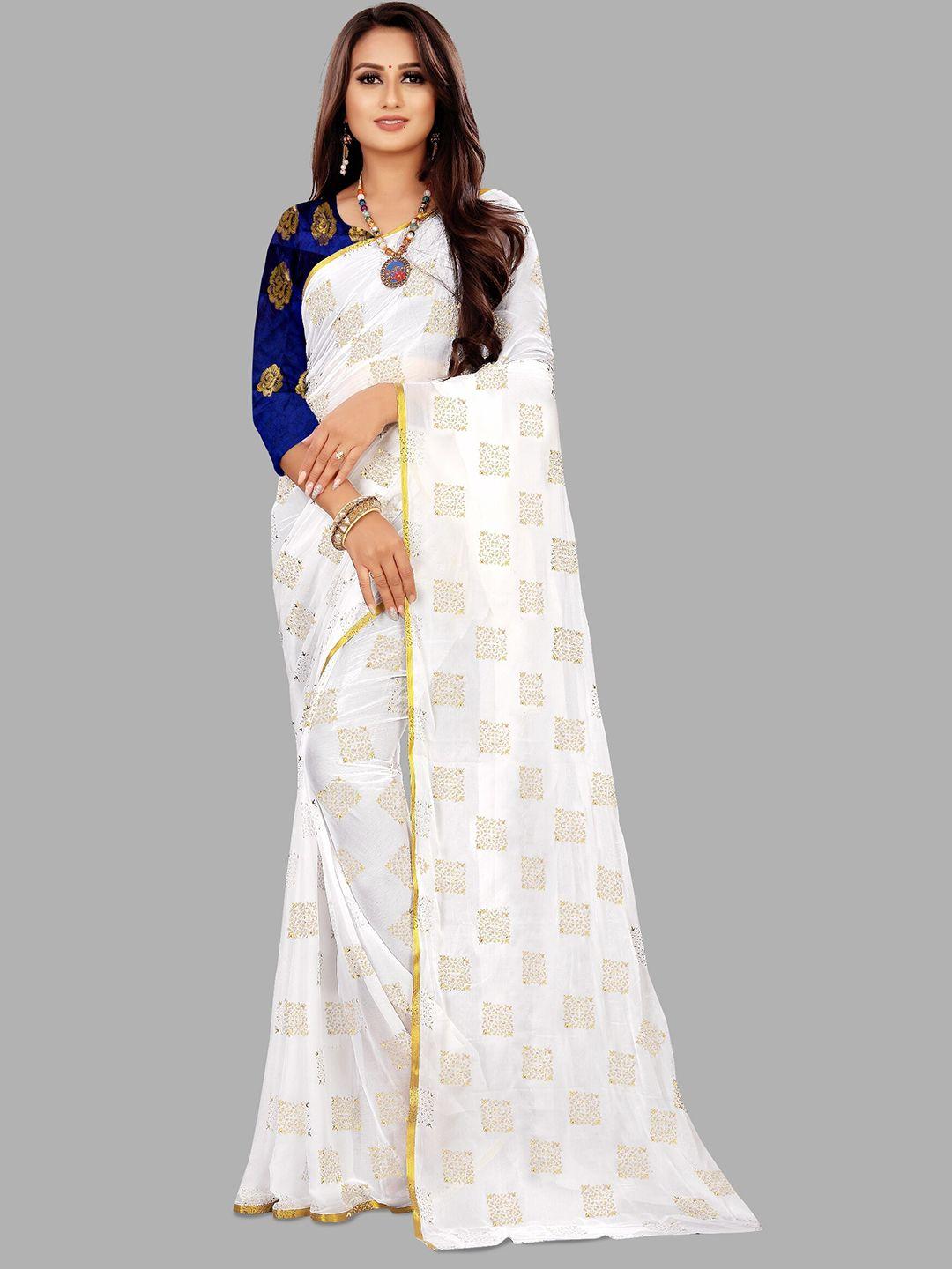 rhey white & gold-toned ethnic motifs zari poly chiffon banarasi saree