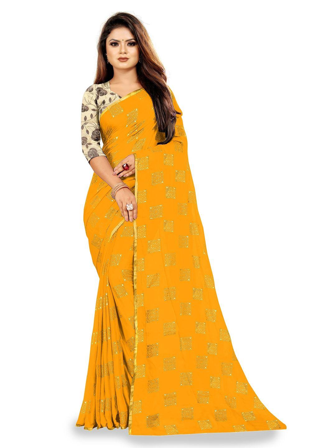 rhey yellow & gold-toned ethnic motifs zari poly chiffon banarasi saree