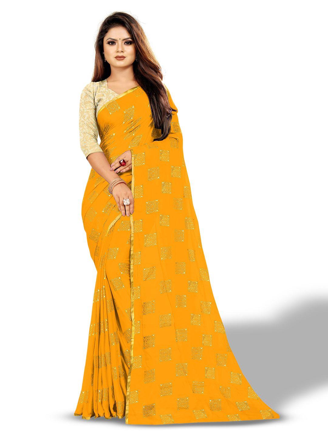 rhey yellow & gold-toned ethnic motifs zari poly chiffon banarasi saree