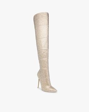 rhinestone embellished knee-length stiletto boots