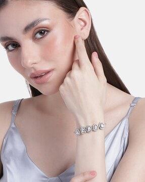rhodium-plated american diamond-studded link bracelet