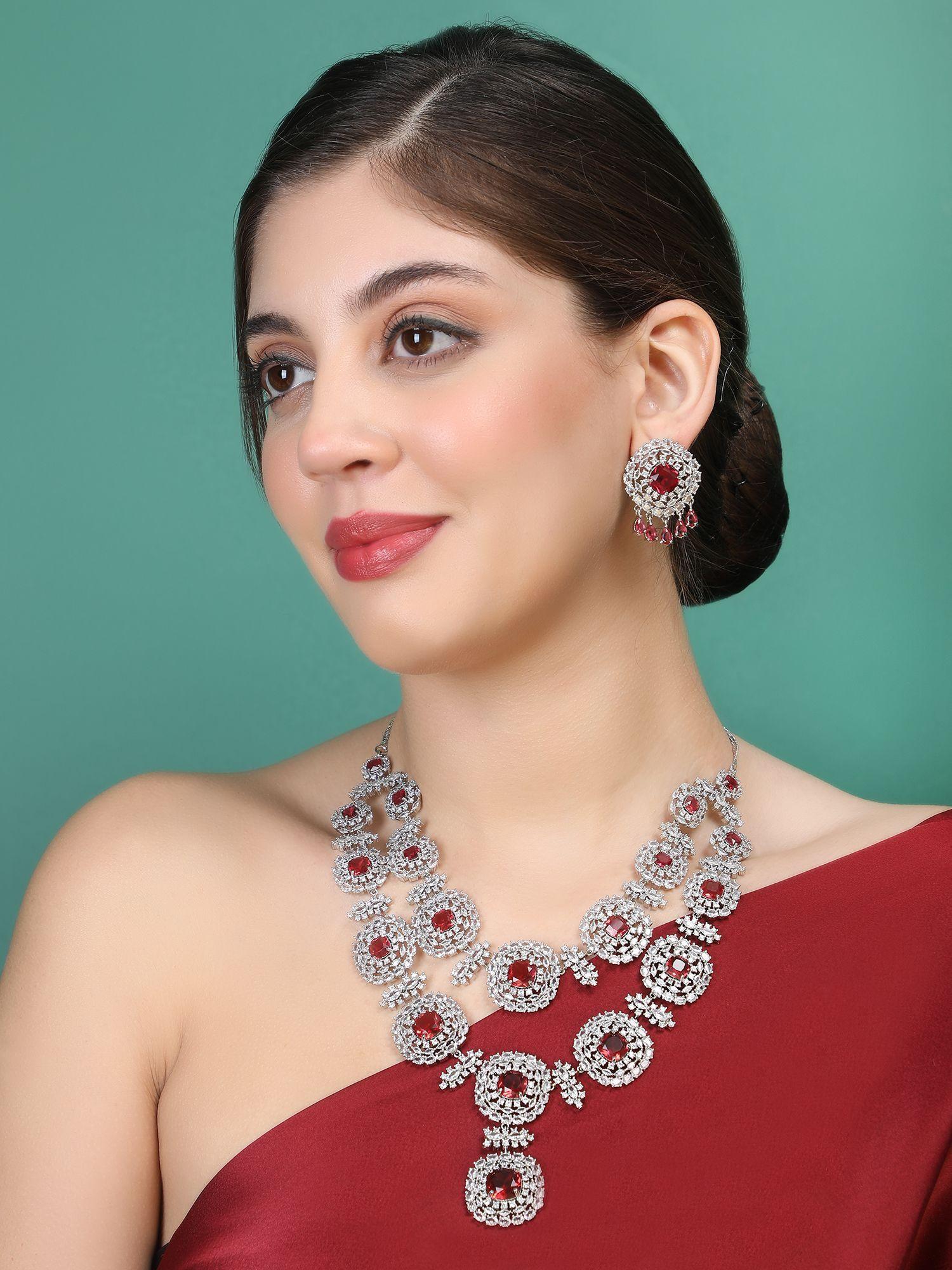 rhodium plated american diamond zircon red necklace set for women