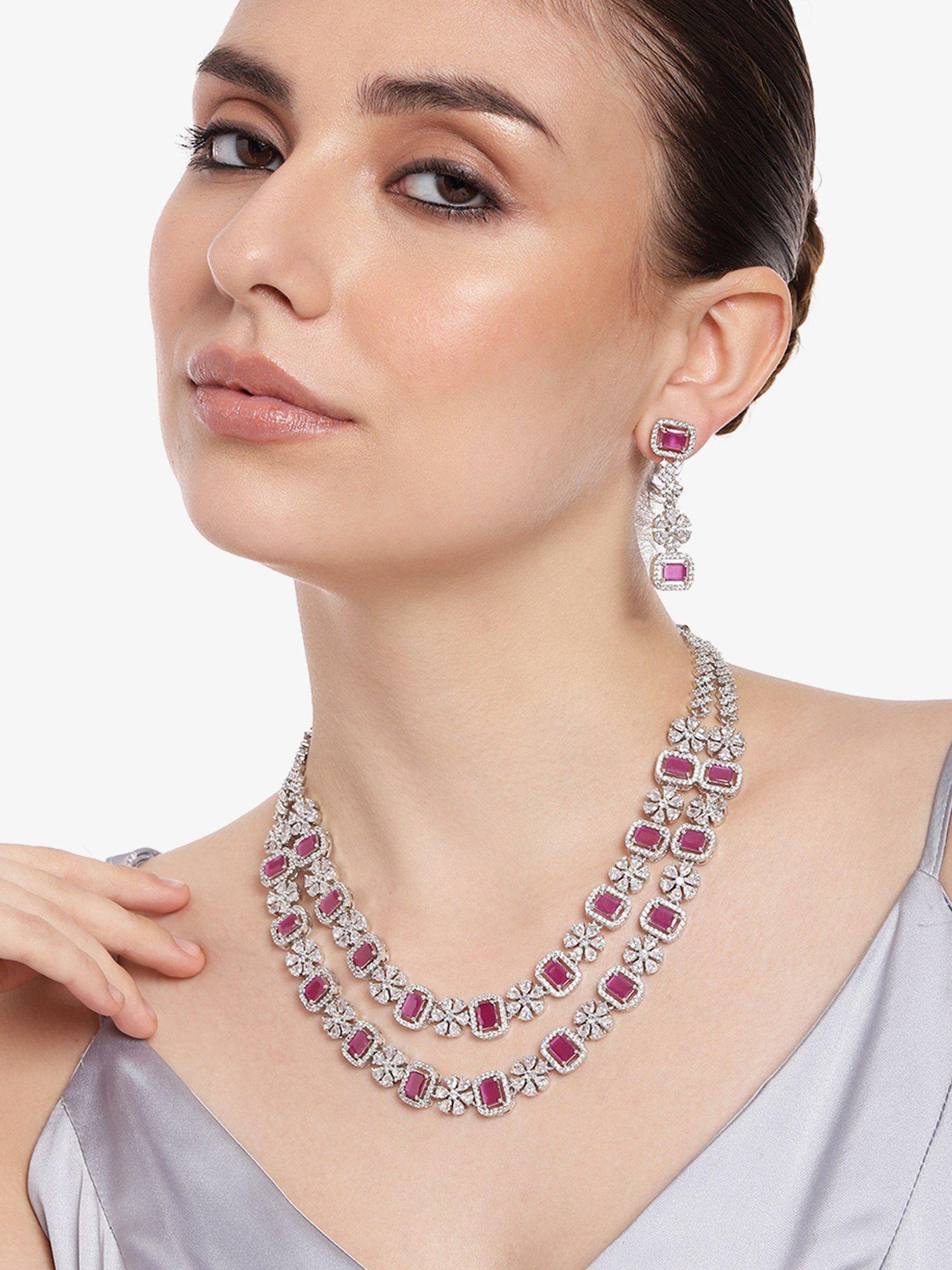 rhodium plated cz captivating double line necklace set with ruby crystals