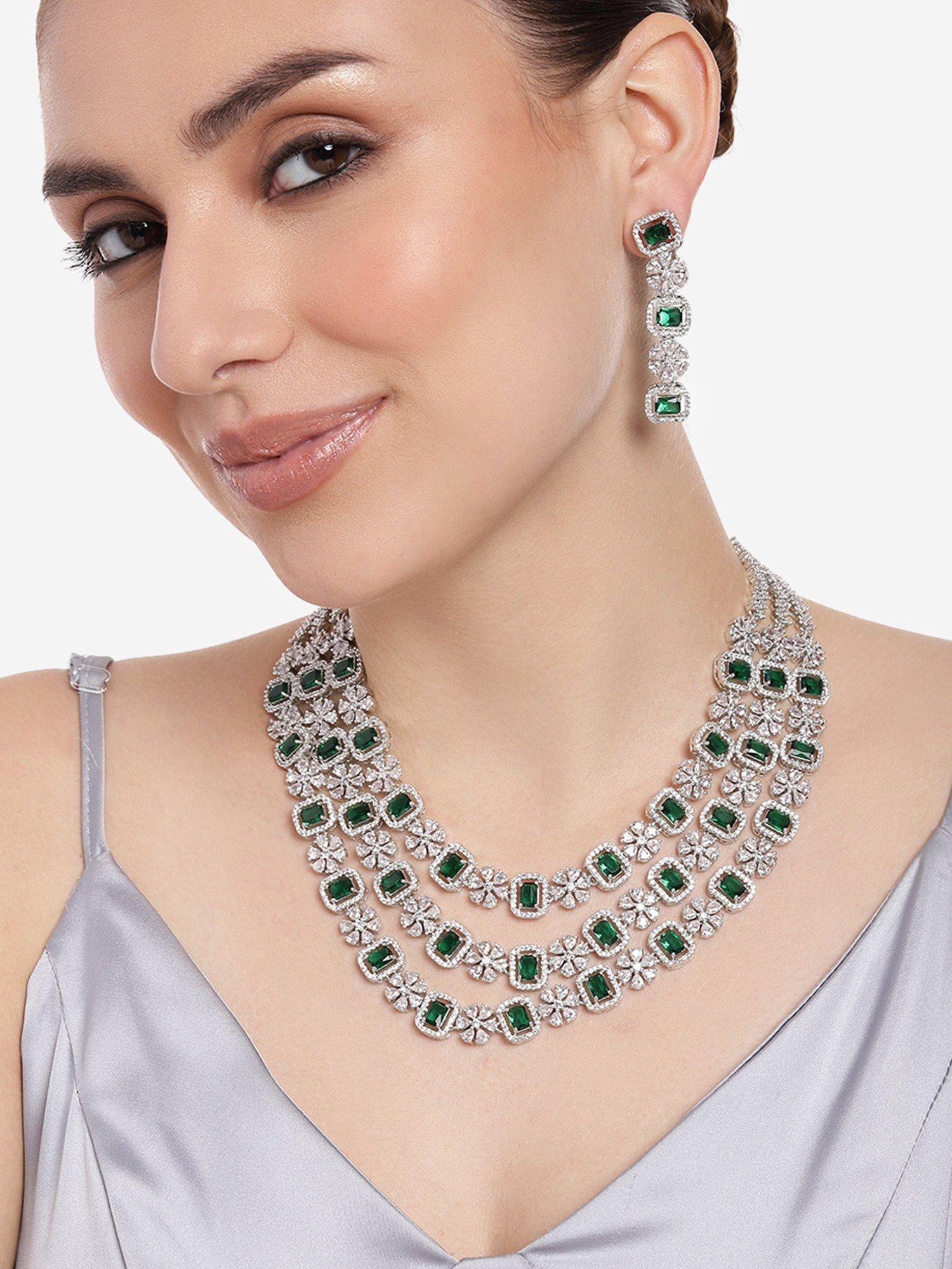 rhodium plated cz dazzling three layered necklace set with green crystals