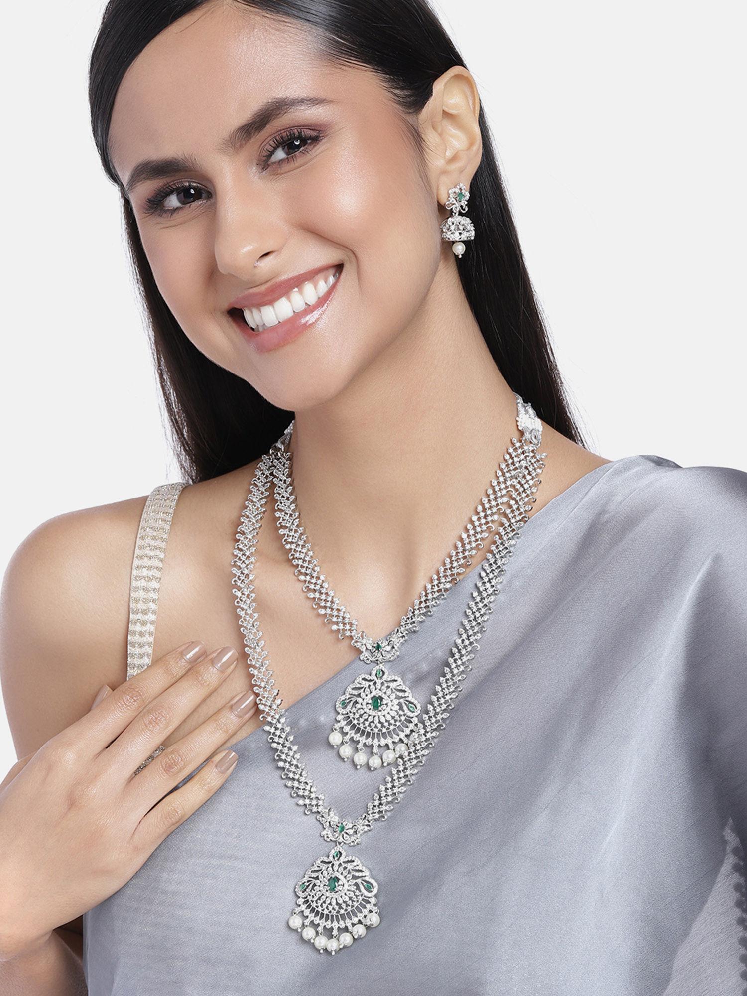 rhodium plated cz fascinating designer bridal necklace set combo for women