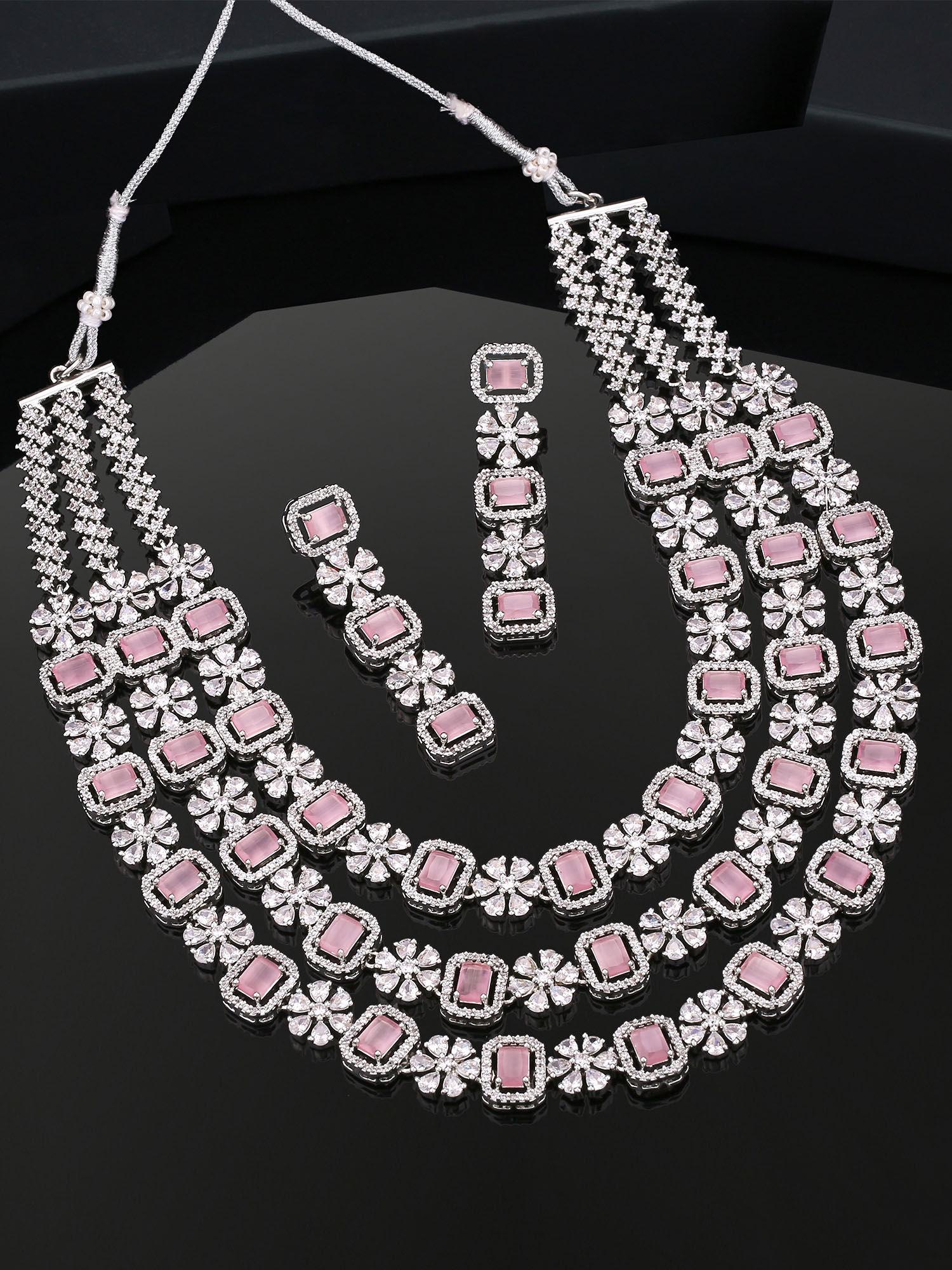rhodium plated cz fascinating three line necklace set with mint pink stones