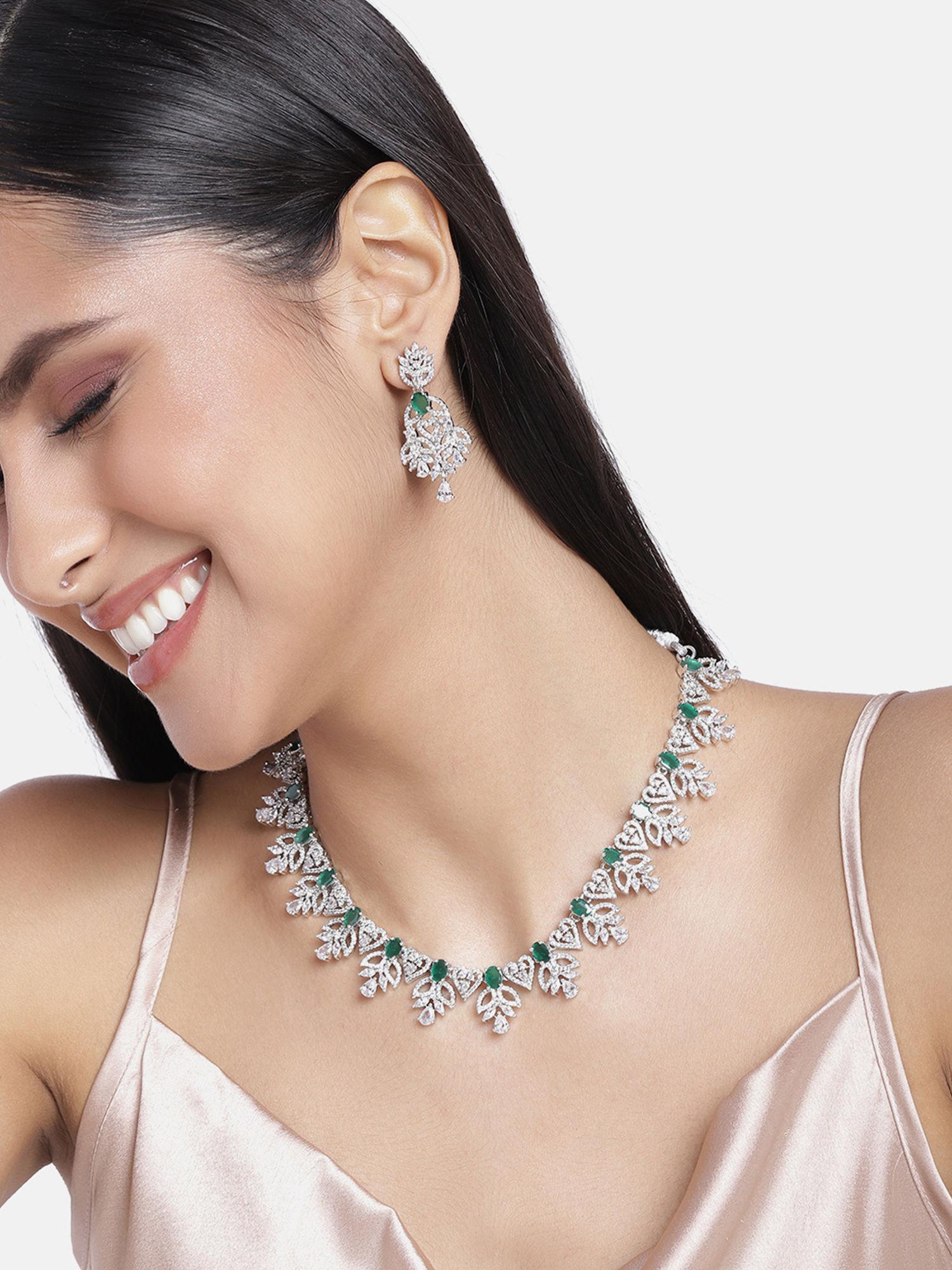 rhodium plated cz green glory designer necklace set for women