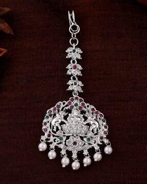 rhodium-plated cz lakshmi devi design maang tikka with pearls