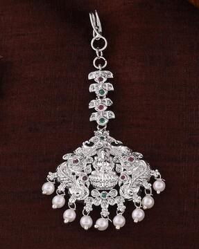 rhodium-plated cz lakshmi devi design maang tikka