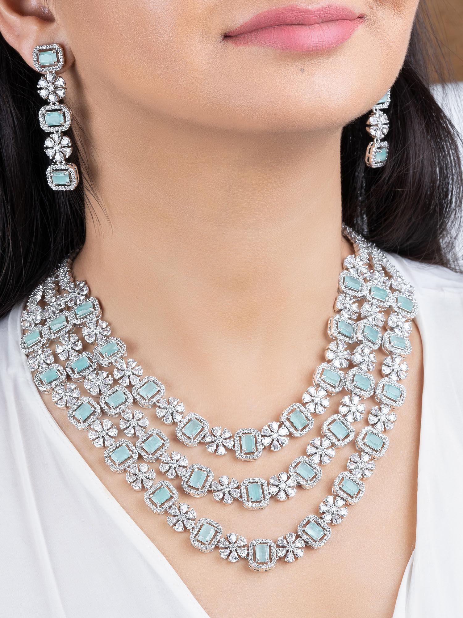 rhodium plated cz magnificent necklace set with mint green crystals