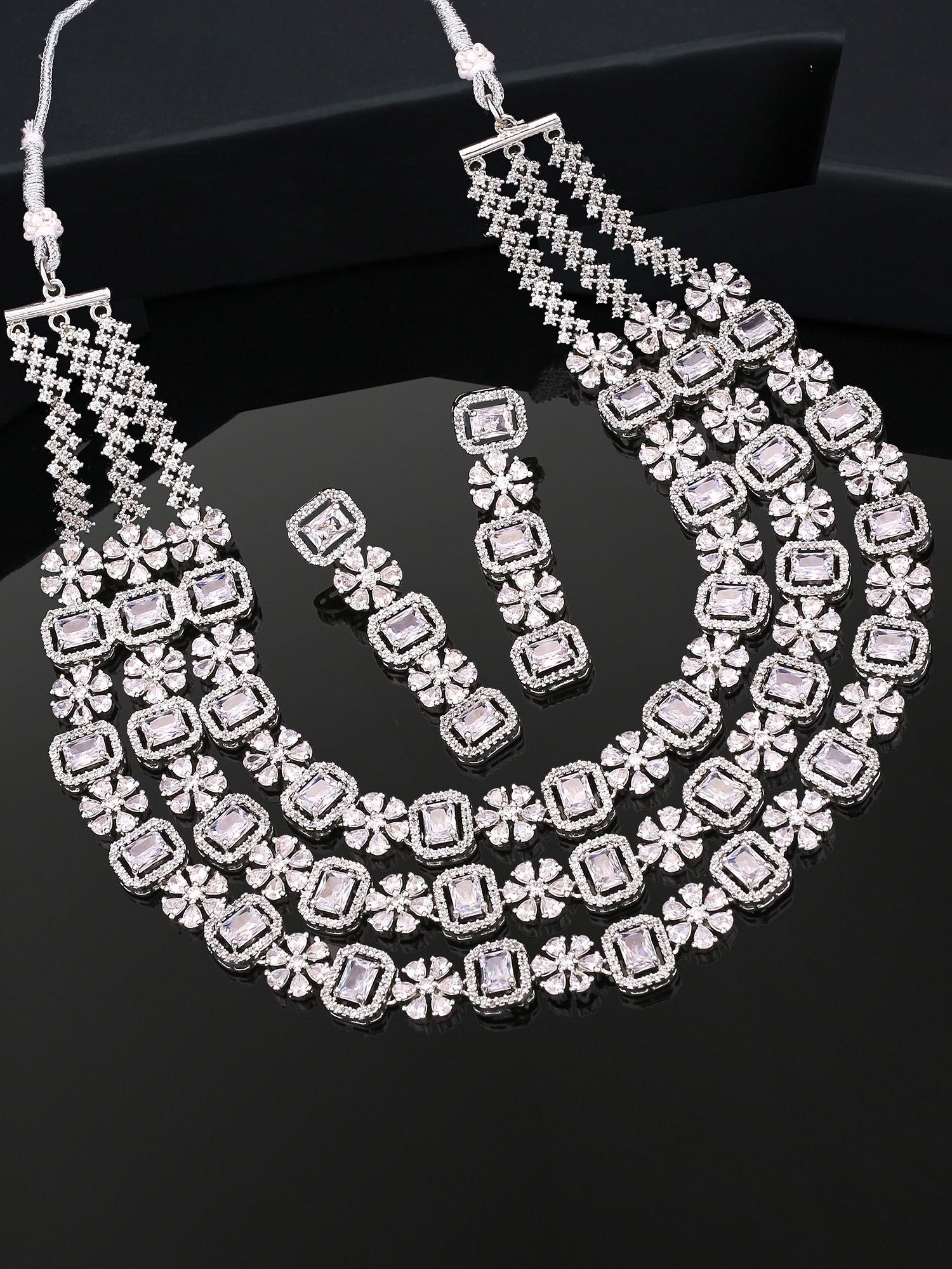 rhodium plated cz magnificent three layered necklace set with white crystals