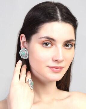rhodium-plated floral finger ring & earrings