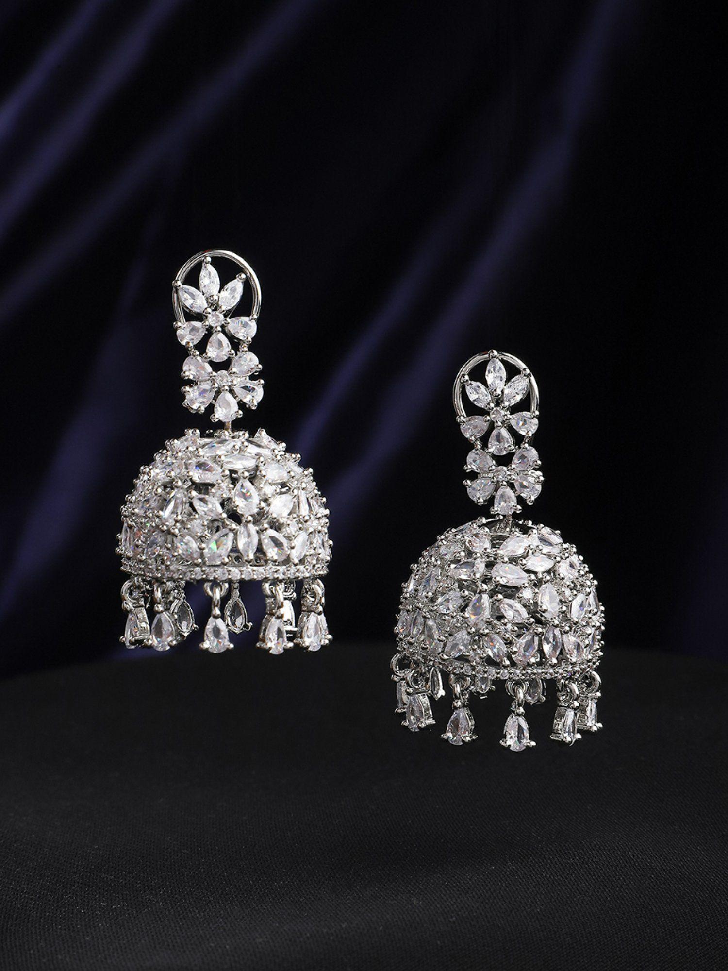 rhodium plated high grade authentic white ad studded jhumka earrings