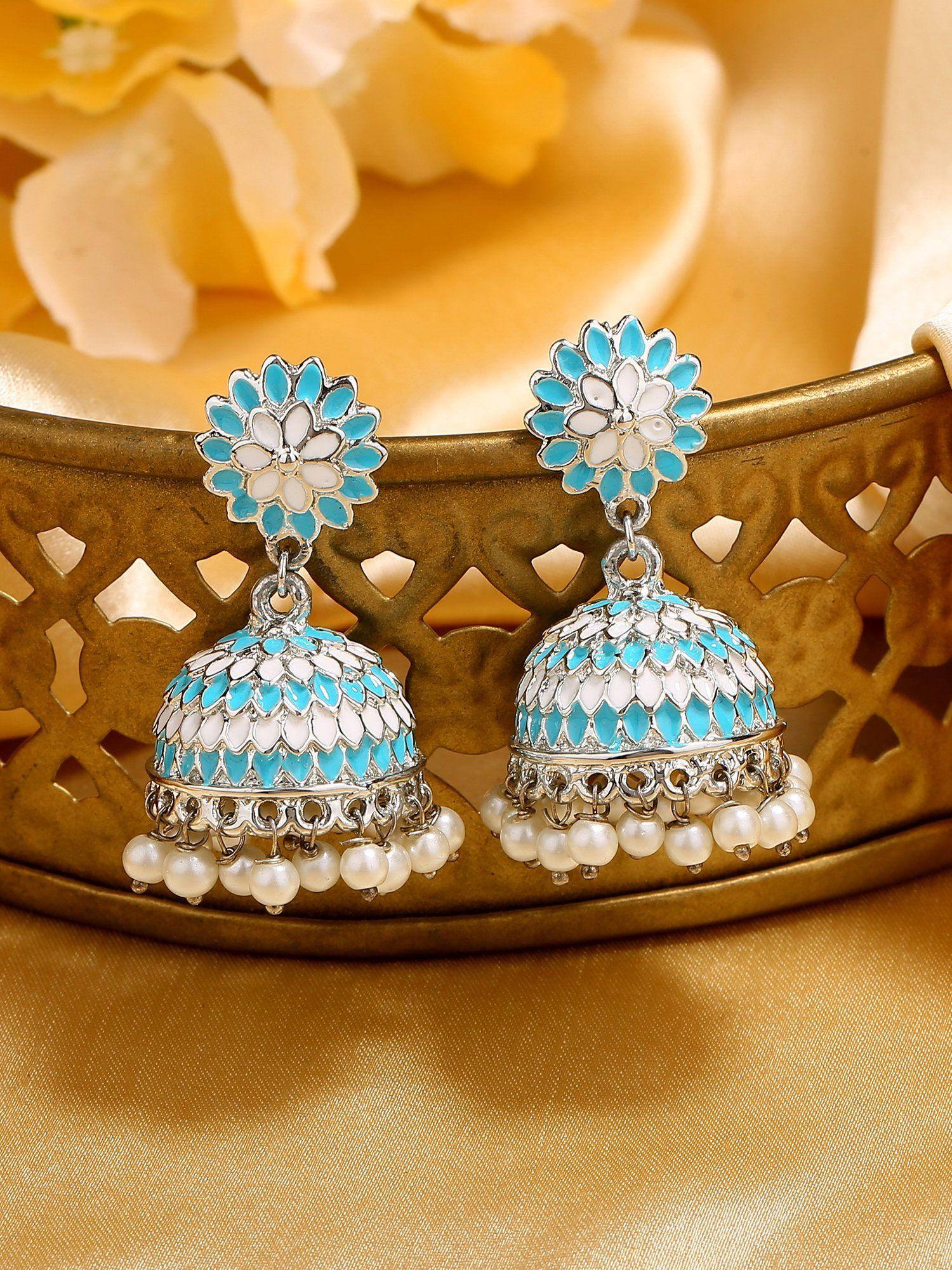 rhodium plated traditional blue & white meenakari jhumki earrings for women