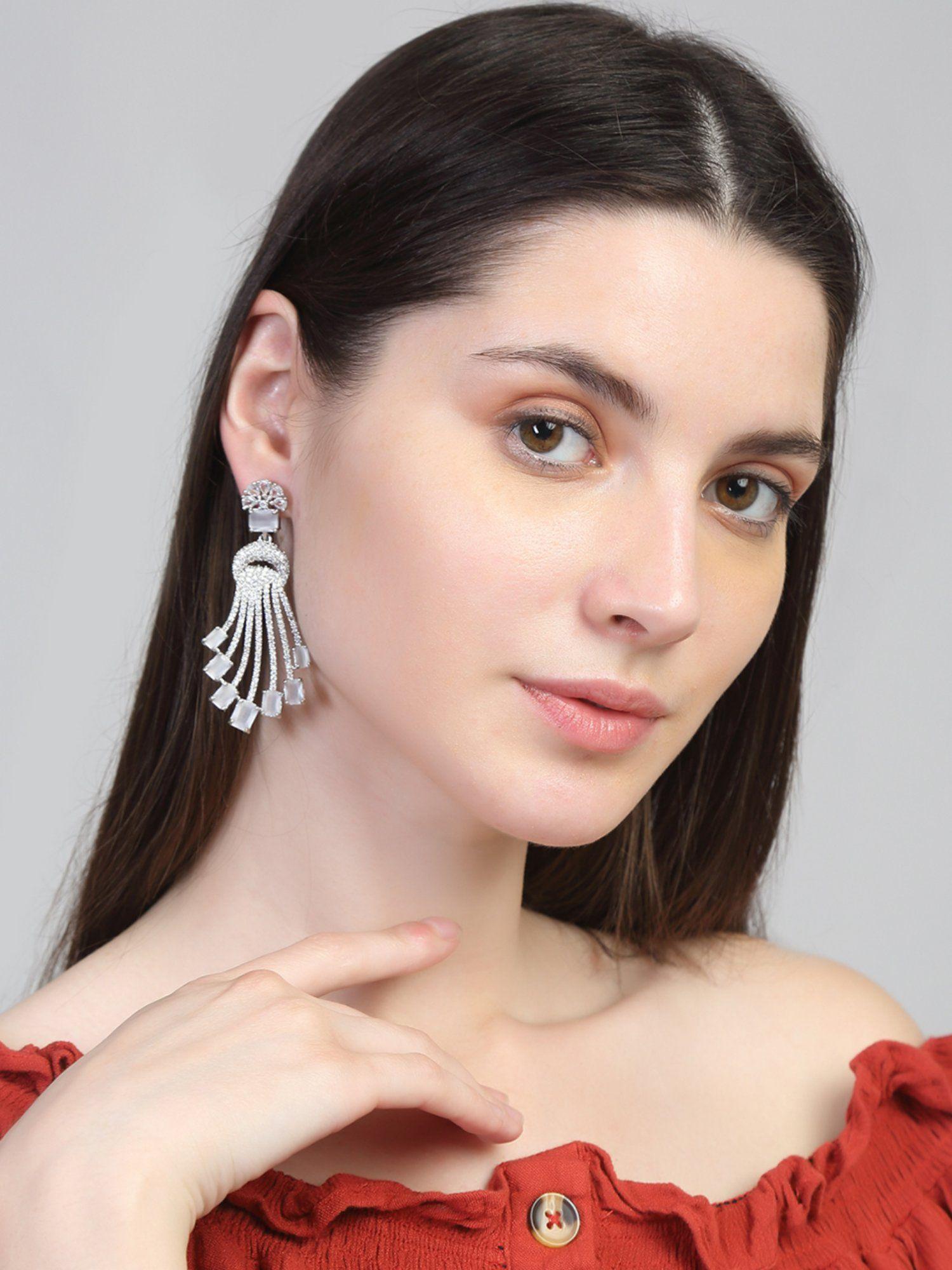 rhodium-plated white ad-studded danglers