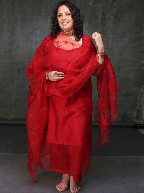 rhua rose red chanderi kurta with cotton silk pants and organza dupatta with intricate ari work