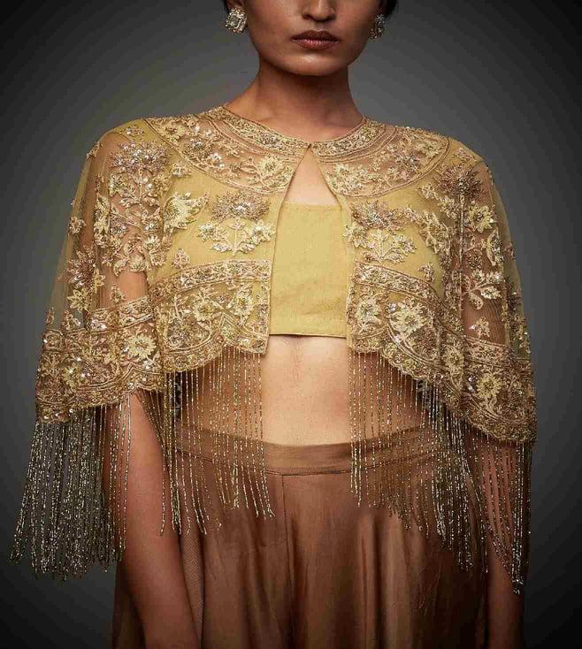 ri.ritu kumar camel & gold adira embroidered cape blouse