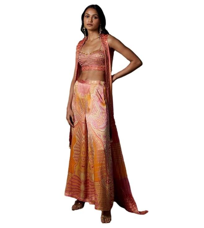 ri.ritu kumar peach & amber kumar petunia embroidered ensemble blouse with cape and pant