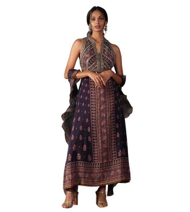 ri.ritu kumar violet blue & beige v neck sleeveless dress
