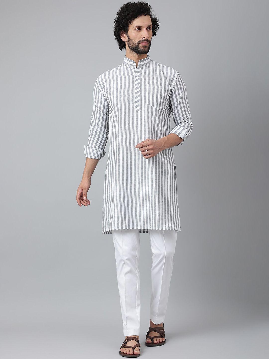 riag men grey & white striped cotton kurta