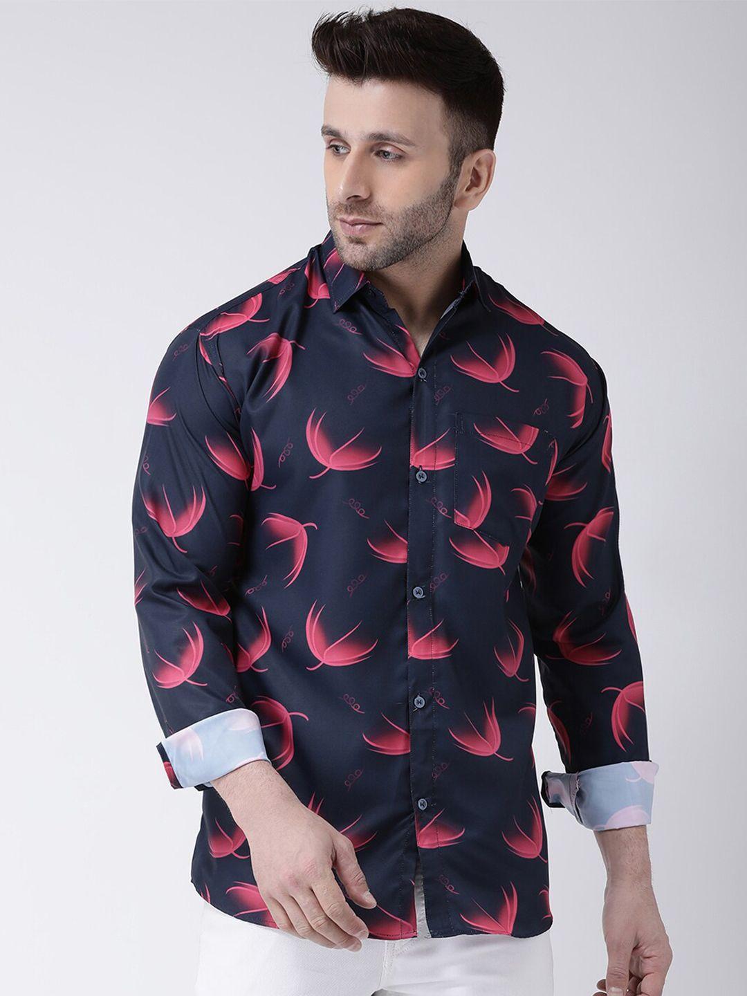 riag men navy blue regular fit floral printed cotton casual shirt