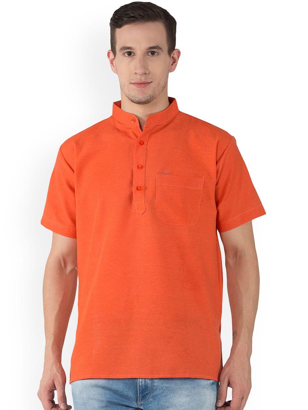 riag men orange solid  patchwork khadi kurta