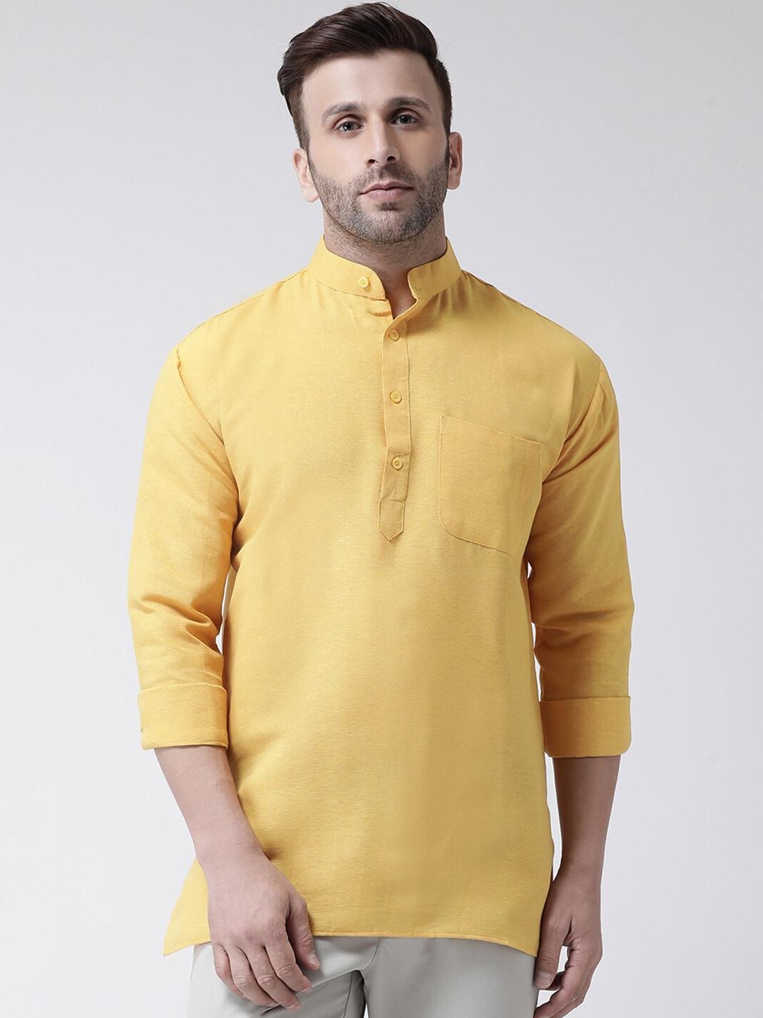 riag men yellow solid full sleeves cotton short kurta
