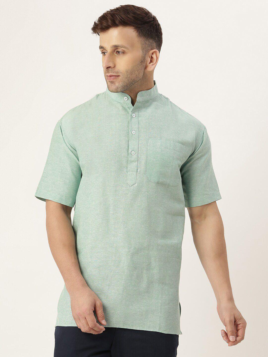 riag men green solid short cotton kurta