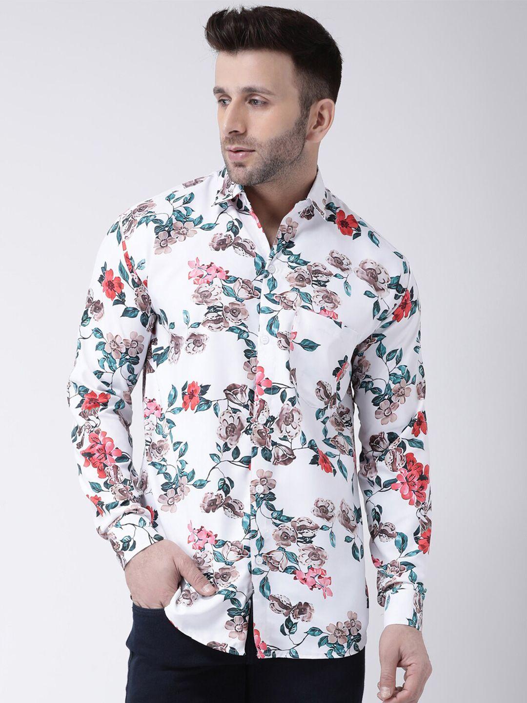 riag men white regular fit floral printed cotton casual shirt