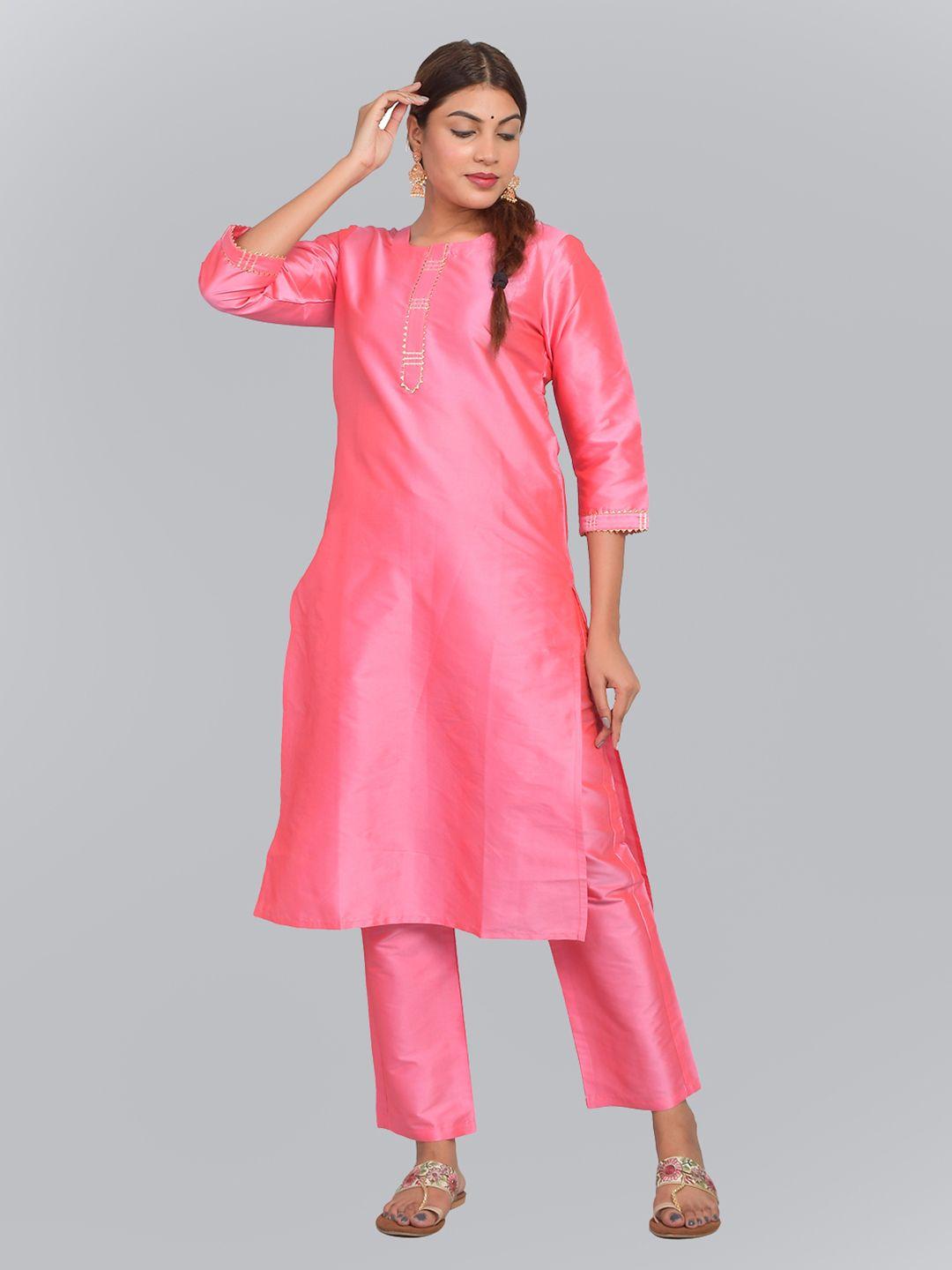 riara women art silk solid straight kurta with trousers