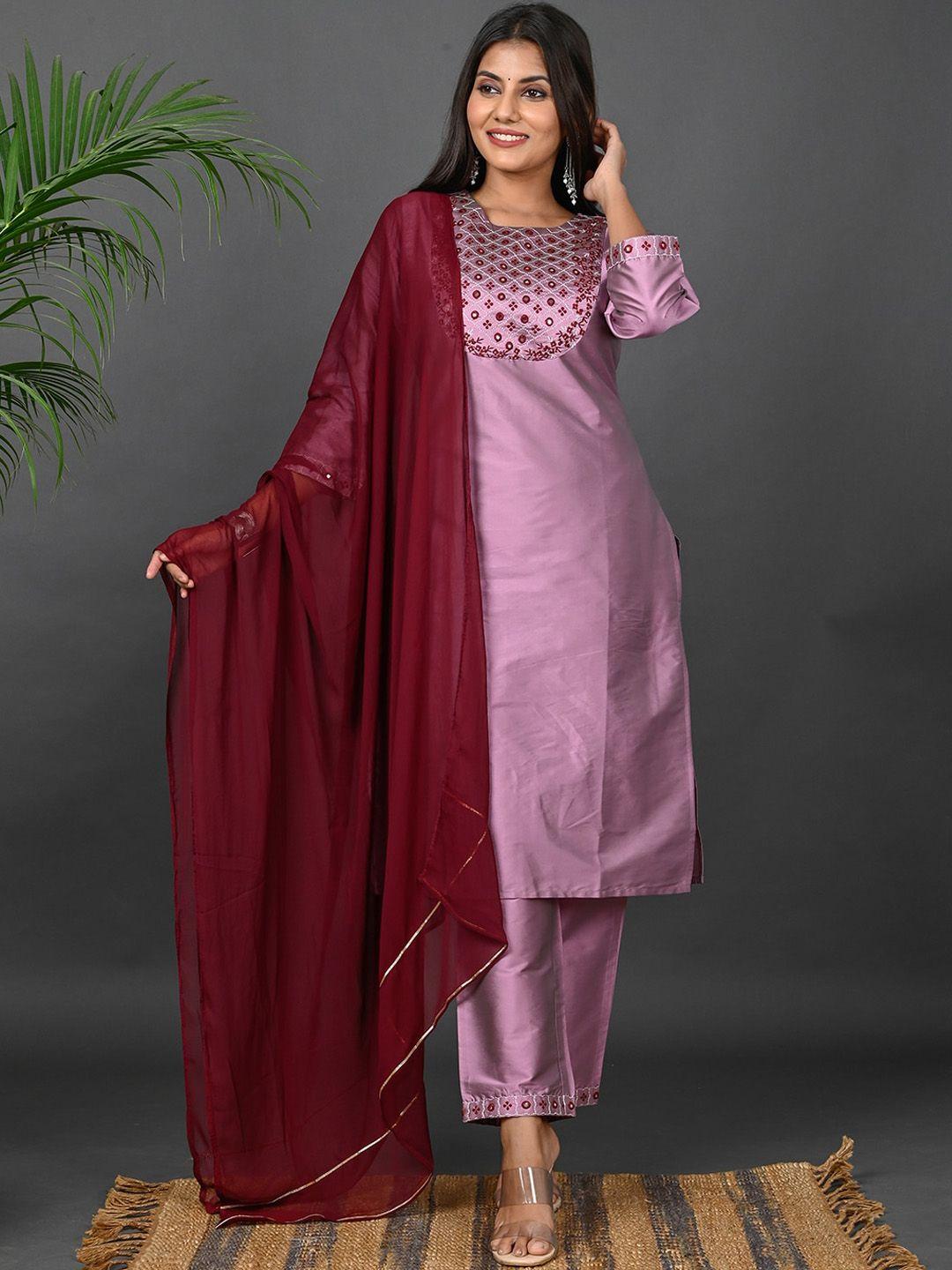 riara women embroidered round neck mirror work kurta with trousers & dupatta