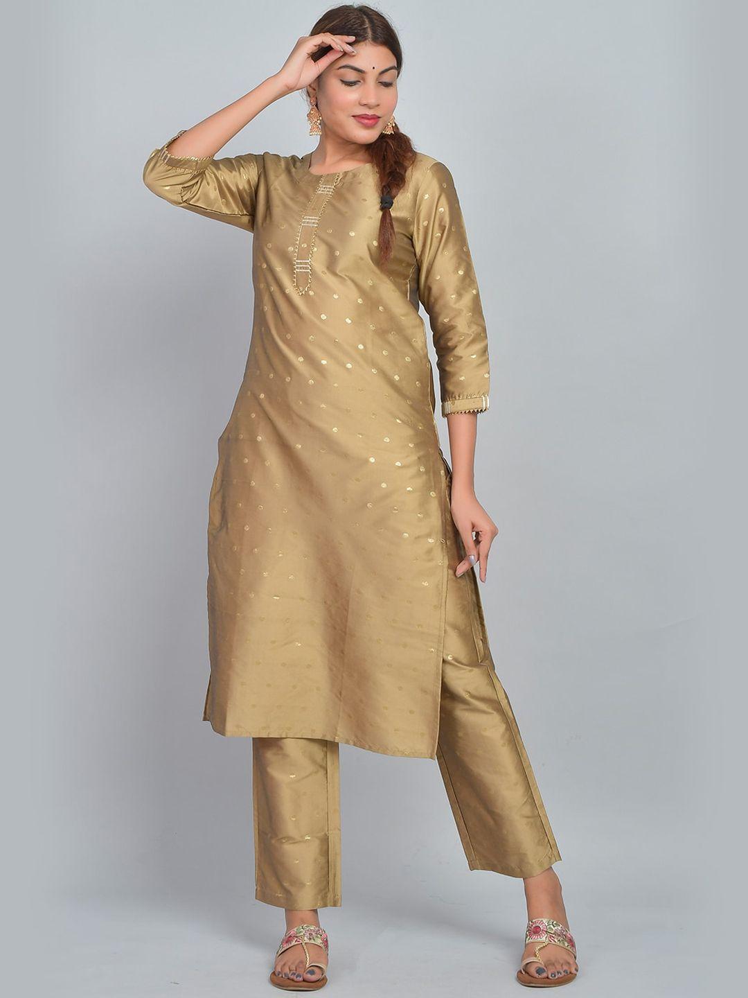 riara women gold printed polka dot art silk straight kurta with trousers