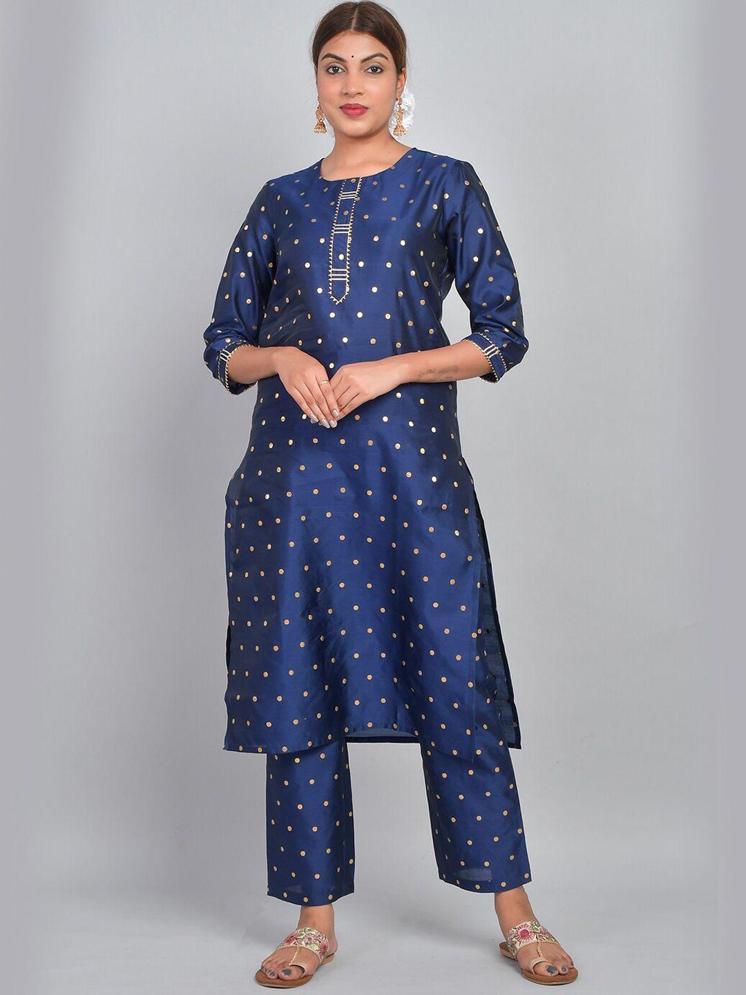 riara women navy blue printed regular kurta with trousers