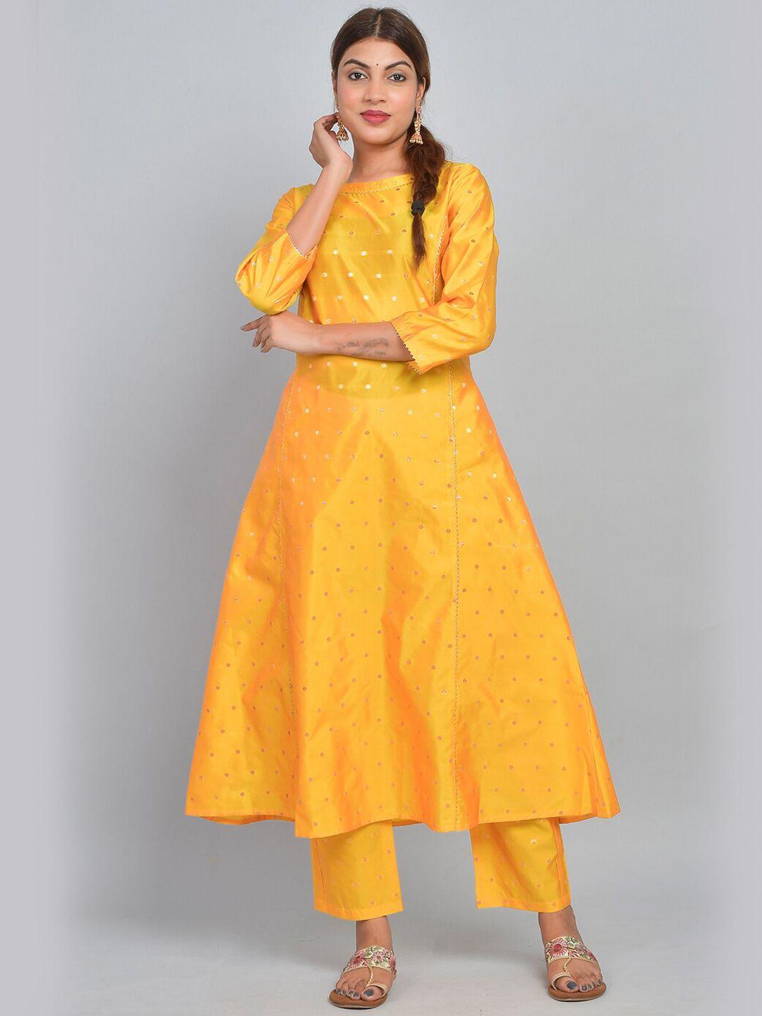 riara women yellow printed empire art silk kurta with trousers