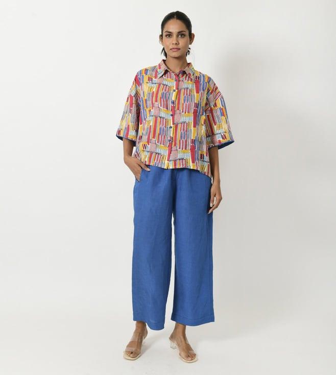 rias jaipur classic blue & multicolor yaadein scribble linen shirt with pant