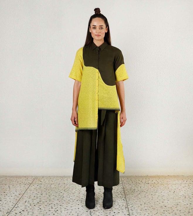 rias jaipur olive & yellow shirt with pleated pants