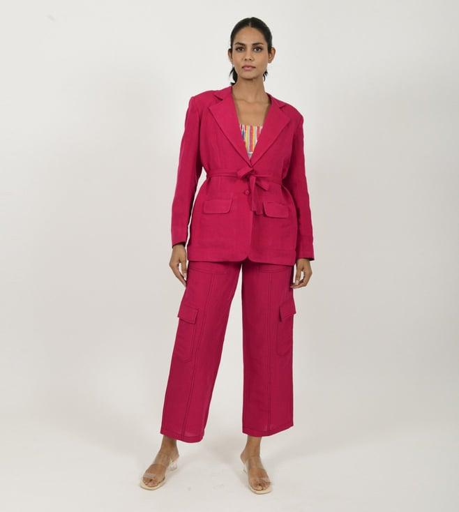 rias jaipur viva magenta & multicolored yaadein cargo linen top and blazer with pant