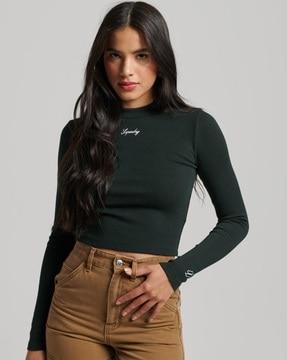 rib embroidered long-sleeve fitted top