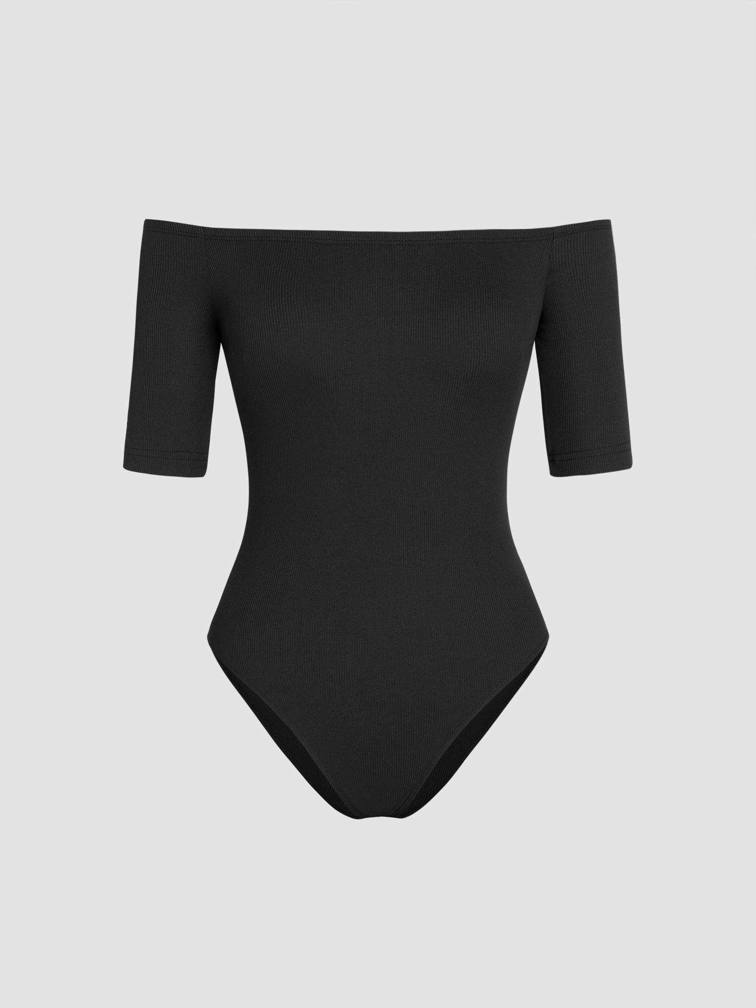 rib off-shoulder solid bodysuit