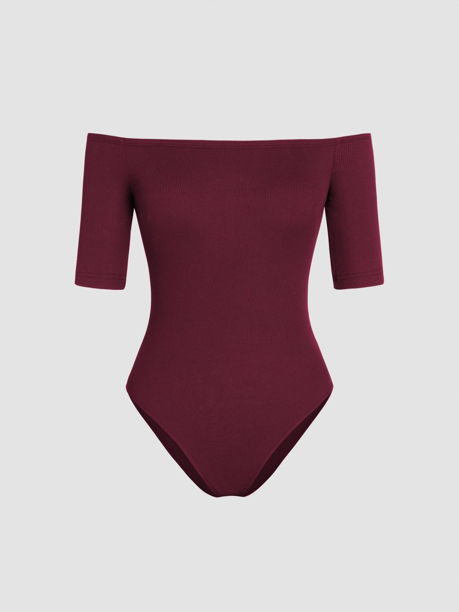 rib off-shoulder solid bodysuit