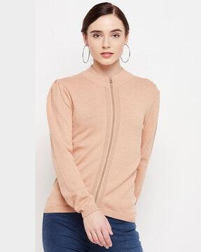 ribbed cardigan with zip-front closure