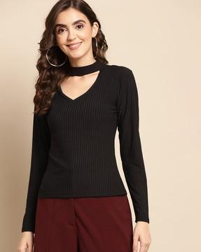 ribbed choker-neck top with full sleeves