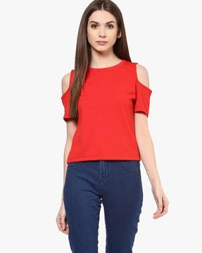 ribbed crew-neck top with cold-shoulder sleeves