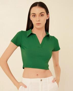 ribbed crop-top with collar