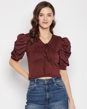ribbed fitted top with puff sleeves