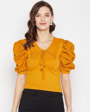 ribbed fitted top with puff sleeves
