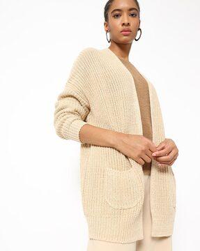 ribbed front-open cardigan with patch pockets