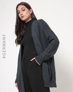 ribbed front-open cardigan with patch pockets